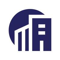 a blue and white logo with a building vector