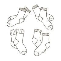 Set of hand drawn illustrations of warm socks. Knitted wool clothing. Outlines of elements of winter clothing. vector