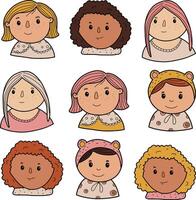 Set of color icons of girls, teenagers. Female face of various types. The icon set includes a user avatar, a portrait or a person's head. vector