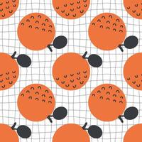 Groovy style oranges seamless pattern on grid distorted background. Hippie aesthetic print for fabric, paper, textile. Hand drawn geometric illustration. vector