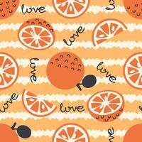 Exotic orange fruits seamless pattern on abstract striped background. Perfect art print for banner, card, textile, fabric, paper, sale. Hand drawn illustration. vector