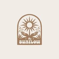 Sun flower with two hands boho alchemy esoteric magic celestial talisman mystical logo design. vector