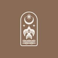 Boho alchemy esoteric mystical magic celestial talisman with moon, star, bird, eye and water element design. vector