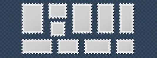 Postage stamp blank templates set. illustration old mail patterns isolated on dark background. Jagged wavy edge forms. Paper postmarks kit. Postal shapes border. Frames for letter. vector