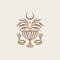 Boho alchemy esoteric mystical magic celestial talisman with moon, star, plants, pot and snakes element design. vector