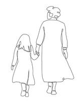 Single continuous line drawing of mothers or grandmothers with her daughter or granddaughter walk holding hands. Happy family parenting concept. One line draw graphic design vector