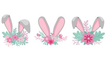 Easter phrases. Text greeting card templates with Easter eggs, bunny ears and spring flowers isolated on white background. Set vector
