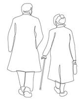 Elderly couple Elderly man and woman walking together holding hands. done in continuous line drawing style. vector