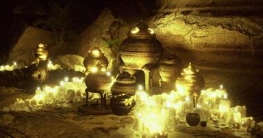 Ancient pottery collection illuminated by soft candlelight in a cave video