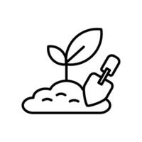 Tree Planting line icon, Seedling in soil with shovel, symbolizing growth, gardening, planting ideas for business, environment, sustainability. Perfect for agriculture, botany, nature concepts. vector