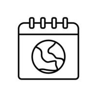 Earth Day line icon, Simple line drawing of a calendar with a globe inside, ideal for travel planning or global scheduling concepts in design projects. vector