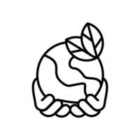 green earth line icon, Hand holding a globe with a leaf on top, symbolizing environmental awareness and sustainable development. Suitable for ecofriendly concepts and global initiatives. vector