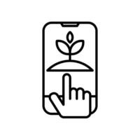 smart farm line icon, Hand pointing at a smartphone screen with a plant icon, suitable for environmental apps, ecofriendly websites, and sustainable technology concepts. vector