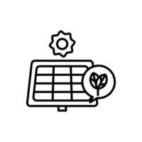 solar farm icon design in line style isolated on white background. Solar panel with green leaves on it. The leaves are on the right side of the panel. vector