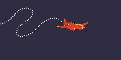 Retro red plane soaring through dark blue, leaving dotted trail. Classic design, propeller, evokes nostalgia, adventure. vector