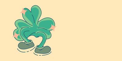 anthropomorphic shamrock stands smiling in small shoes on a light yellow background, sparkling with glitter. Whimsical cartoon style, likely for St. Patrick's Day. vector