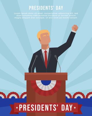 Presidents' Day with a man raising his hand and giving speech. Presidents' Day poster template background