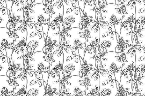 Line art botanical abstract seamless pattern plant with Clover wildflowers illustration. Black and white outline repeating floral background. Graphic design for Wallpaper Textile Cover Birthday