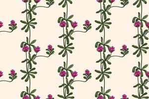 Botanical abstract plant seamless pattern with wildflowers Clovers illustration.Repeating retro floral pattern in pink color background. Graphic design for Wallpaper Textile Cover Birthday Card vector