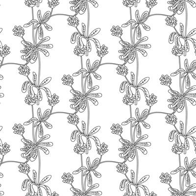 Line art botanical abstract seamless plant pattern with Clovers wildflowers illustration.Black and white outline repeating floral background. Graphic design for Wallpaper Textile Cover Birthday