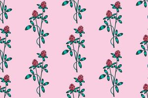 Botanical abstract plant seamless pattern with wildflowers Clovers illustration.Repeating retro floral pattern in pink color background. Graphic design for Wallpaper Textile Cover Birthday Card Print vector