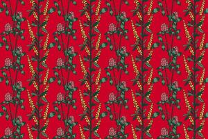 Botanical abstract plant seamless pattern with wildflowers Clovers illustration. Repeating retro floral pattern in red color background. Graphic design for Wallpaper Textile Cover Birthday Card vector