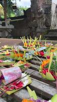 Close-up of Canang Sari, small offering baskets at a temple in Ubud, Bali video