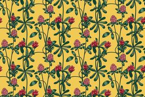Botanical abstract plant seamless pattern with wildflowers Clovers illustration. Repeating retro floral pattern in yellow color background. Graphic design for Wallpaper Textile Cover Birthday vector