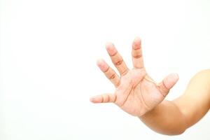 Reaching out with open palm to stop or make an idea or concept clear on white photo
