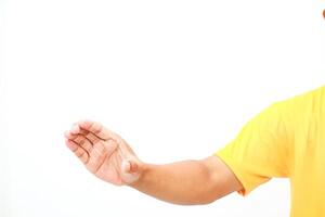 Extended hand with open palm against a clear white background for display concept photo