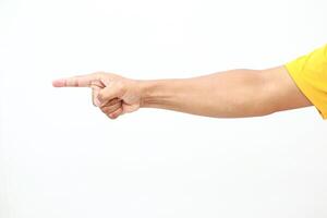 Directing arm indicating a direction or specific point against plain white backdrop photo