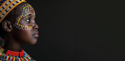 Young African girl wearing traditional beadwork and face paint in profile against a dark background, showcasing cultural heritage and artistic expression photo