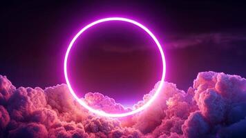 3d abstract cloud illuminated with neon light frame ring Glowing circle illuminating purple creates a surreal and dreamy atmosphere in a fantasy sky background 4k video
