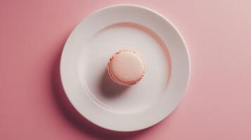 A white plate with a pink macaron on it photo