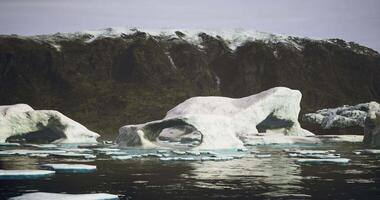 Unique ice formations in a serene fjord setting during daylight video