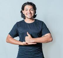 Interpreter gesturing HELP with hands in sign language isolated. Person gesturing HELP with hands in sign language photo