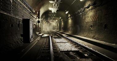 oscuro túneles con tren pistas iluminado por suave luces a noche video
