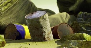 Rusty barrels washed ashore on a sandy beach surrounded by rocks video