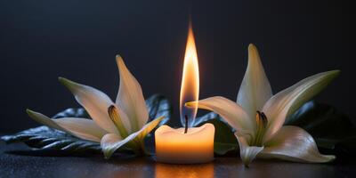 Close up of candle burning flame in the darkness and arum lilies illuminated by the candlelight alongside in a conceptual image photo