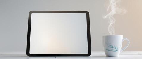 a tablet computer sitting on a table next to a coffee cup. photo