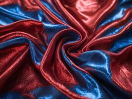 Vibrant Satin Fabric in Red and Blue Waves Creating Elegant Texture and Luxurious Feel for Background and Design Projects. photo