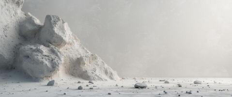 Abstract depiction of a textured rock formation with scattered debris on a light background photo