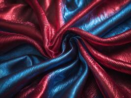 Vibrant Satin Fabric in Red and Blue Waves Creating Elegant Texture and Luxurious Feel for Background and Design Projects photo