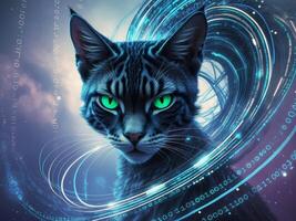 Cat with bright green eyes surrounded by digital binary code in an abstract background. photo