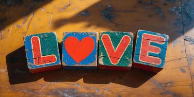 Four colorful distressed wooden blocks spelling the word love with a heart replacing the letter o sit on a rustic wooden table. photo