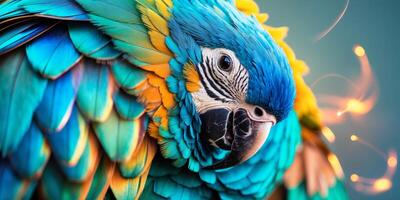 Close up of colorful blue and green feathers of exotic parrot bird.Close up of colorful blue and green feathers of exotic parrot bird. photo