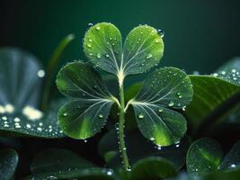 Glittering shamrock with dewdrops on dark green background photo