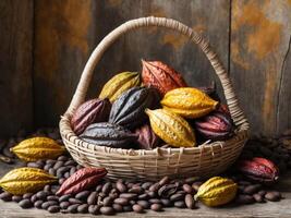 Vibrant Cocoa Pods in a Woven Basket Surrounded by Rich Cocoa Beans on Rustic Background. photo