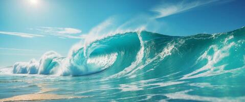 Vibrant Turquoise Ocean Wave Crashing Under Bright Sky. photo