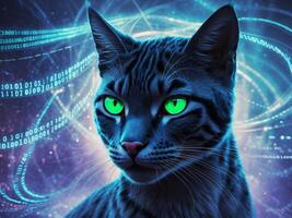 Cat with bright green eyes surrounded by digital binary code in an abstract background photo